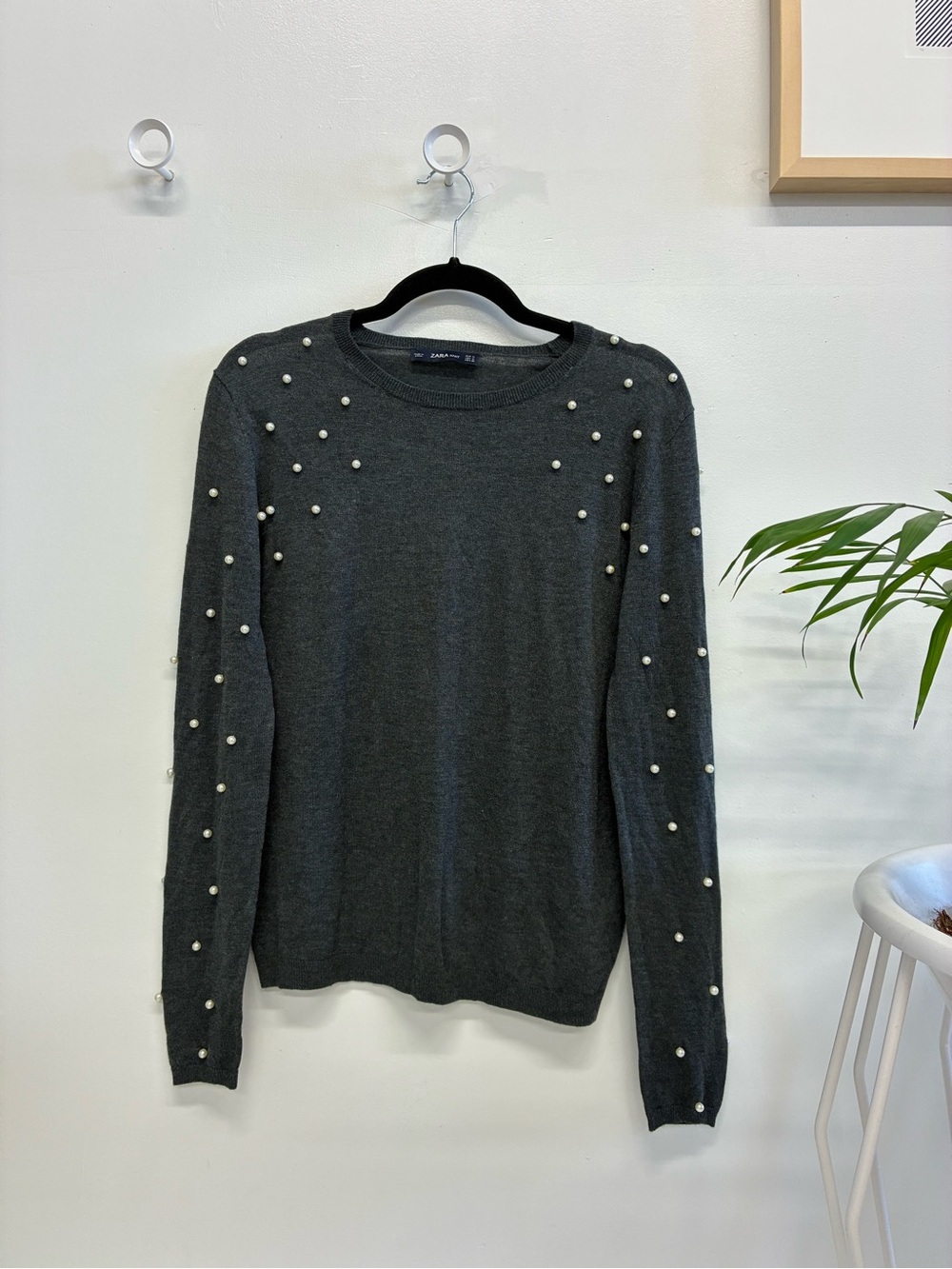 Zara Dark Grey Faux Pearl Beaded Knit Crewneck Sweater Medium